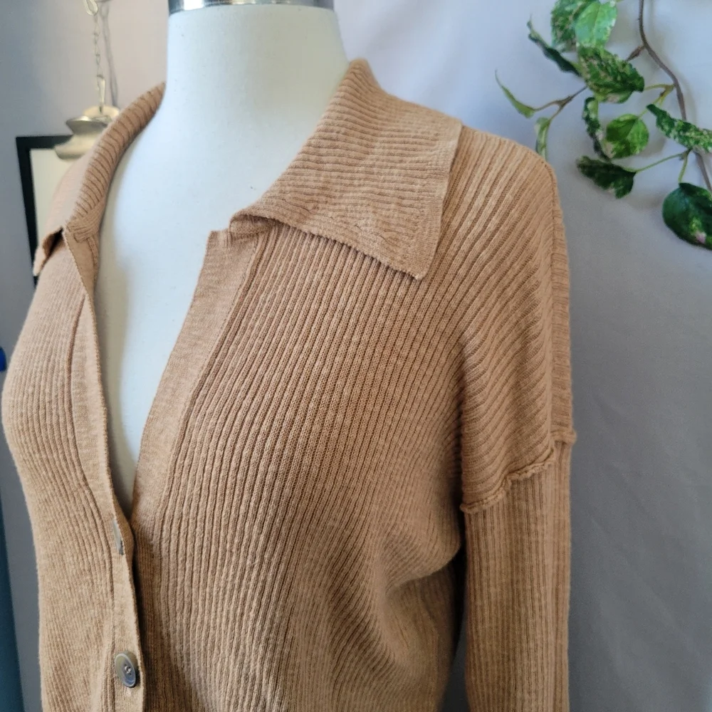 Free People Ella Button-Up‎ Ribbed Cardigan Sweater Iced Coffee Tan S